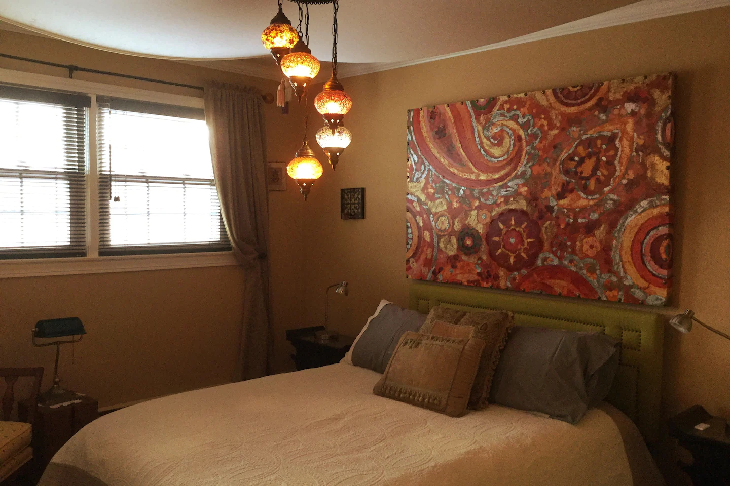 'Spring' bedroom, full size; You'll find the bedroom/office bright and airy, lights from Turkey; fabric ceiling; with desk